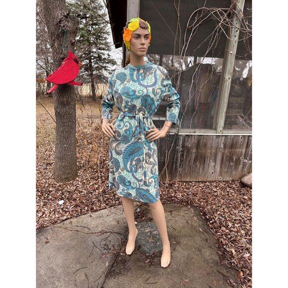 60s Paisley Long Sleeve Shift Dress DRALON Knit Lined Germany Sz 48 - Picture 7 of 13